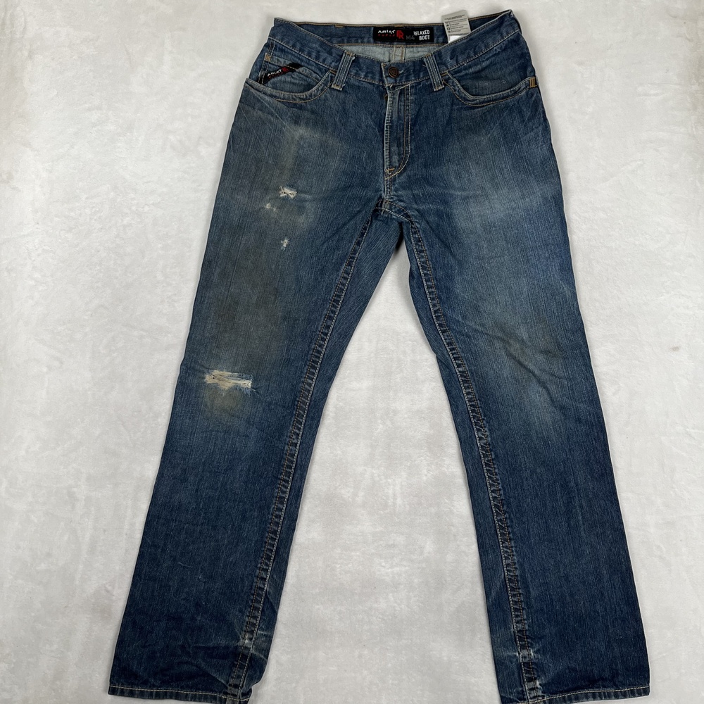 Ariat FR M4 Relaxed Boot Jeans Mens 32x34 Blue Distressed Med Wash Work Denim
